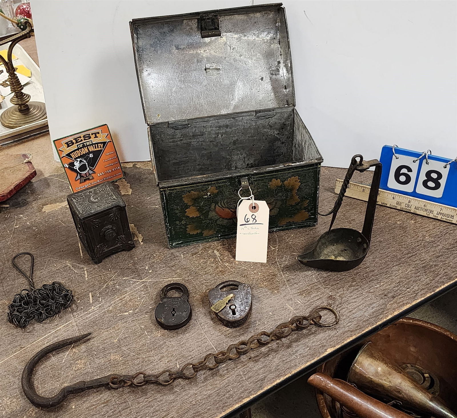 Tole Bx 7"H X 10"W X 6"D W/ Betty Lamp,Cast Iron Still Bank, Chain W/ Lg Hook Locks Etc (1 of 4)