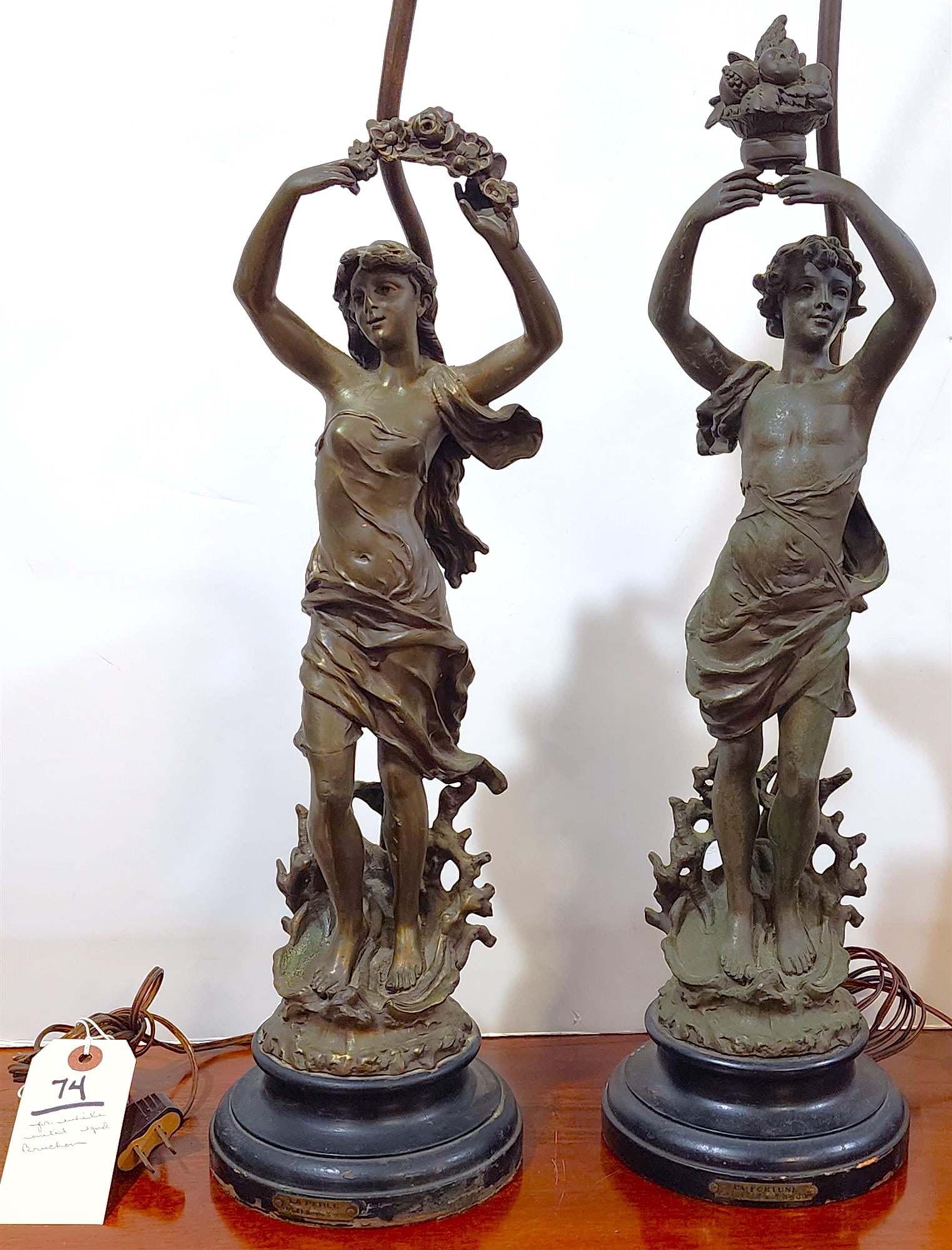 Pr White Metal Figural Lamps Sgnd Bruchon La Perle + La Fortune 32" (1 of 4)