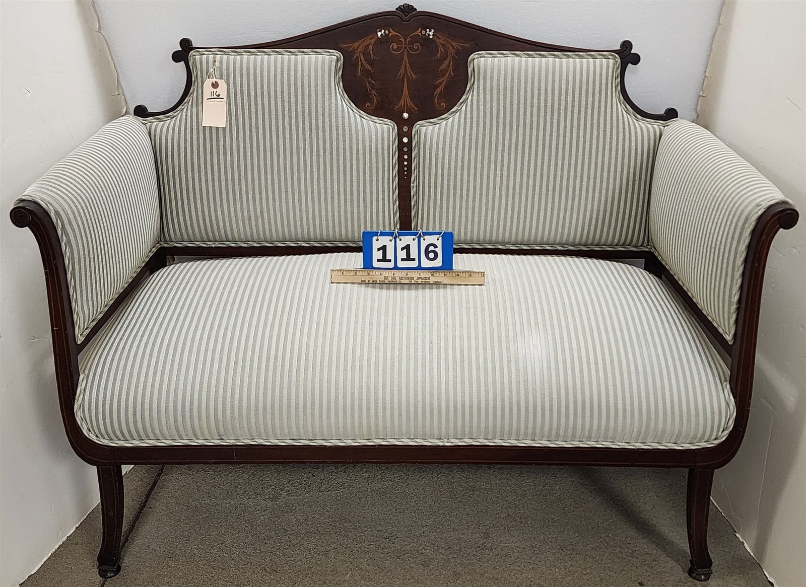 Inlaid Mahog Frame Settee 37 1/2"H X 49"W X 21"D: Inlaid Mahog Frame Settee 37 1/2"H X 49"W X 21"D