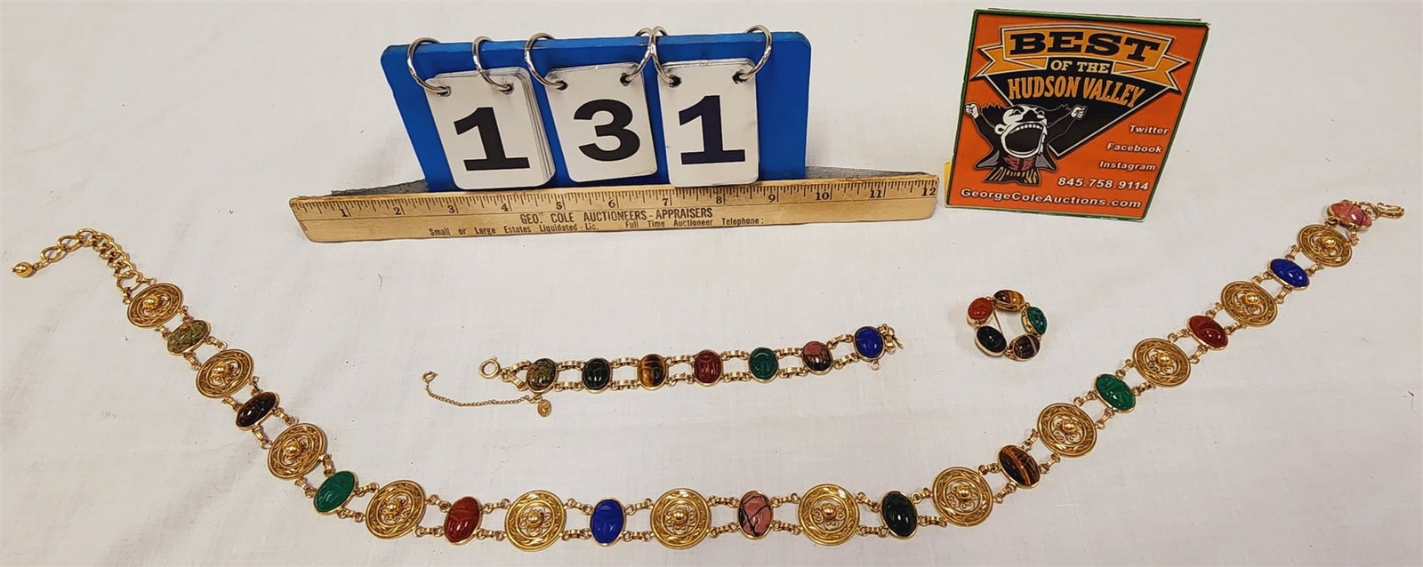 G.F. Burt Cassell Belt 30 1/2", Bracelet + Pin W/Semi Precious Scarab Stones: G.F. Burt Cassell Belt 30 1/2", Bracelet + Pin W/Semi Precious Scarab Stones