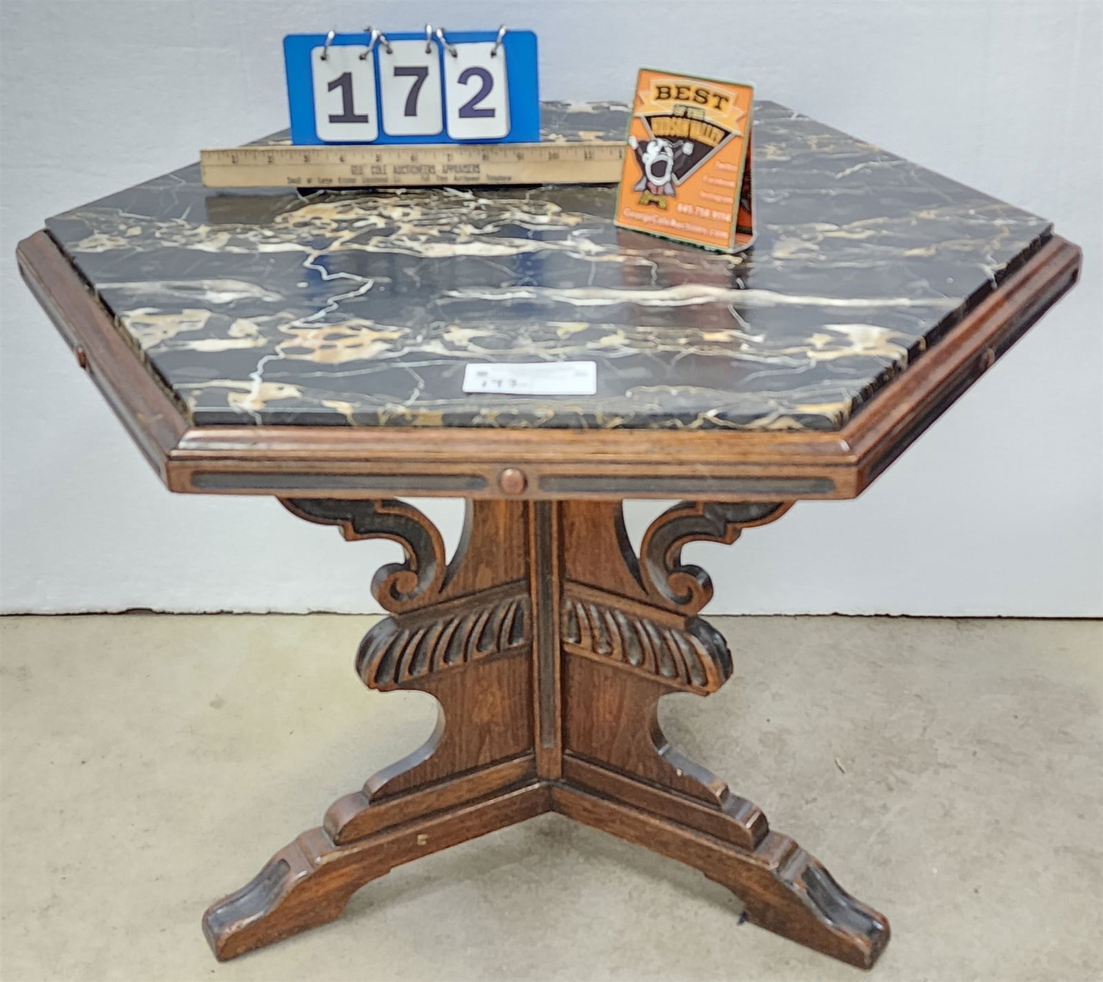 Walnut Hexagonal Marble Top Side Table 20 1/2"H X 29" Diam (1 of 5)