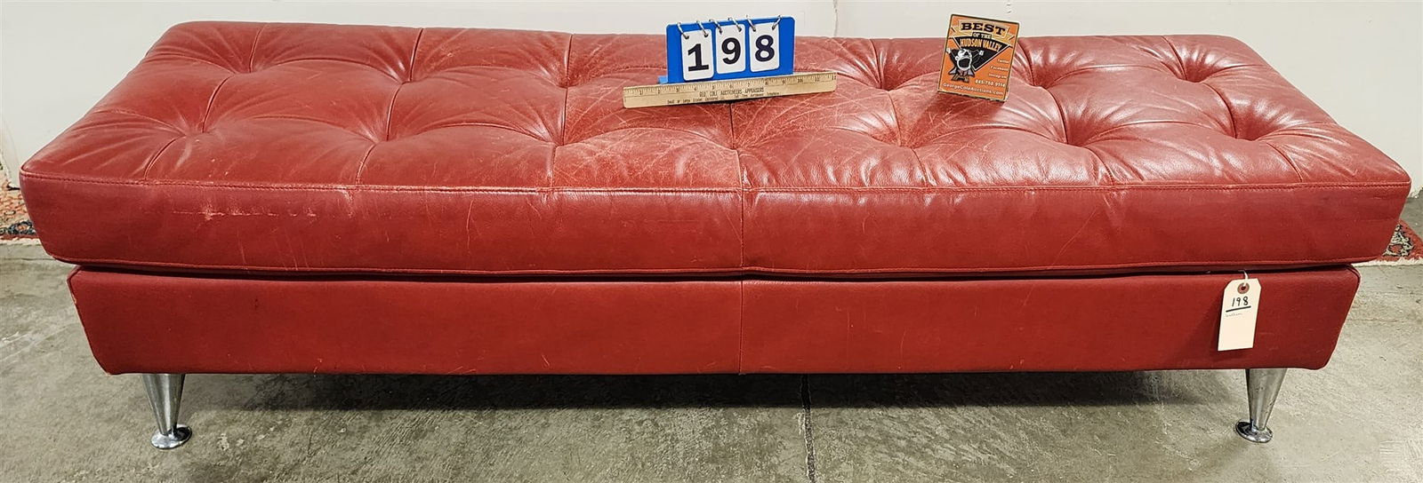 Red Leather Bench 17"H X 5'5"L X 21"W: Red Leather Bench 17"H X 5'5"L X 21"W