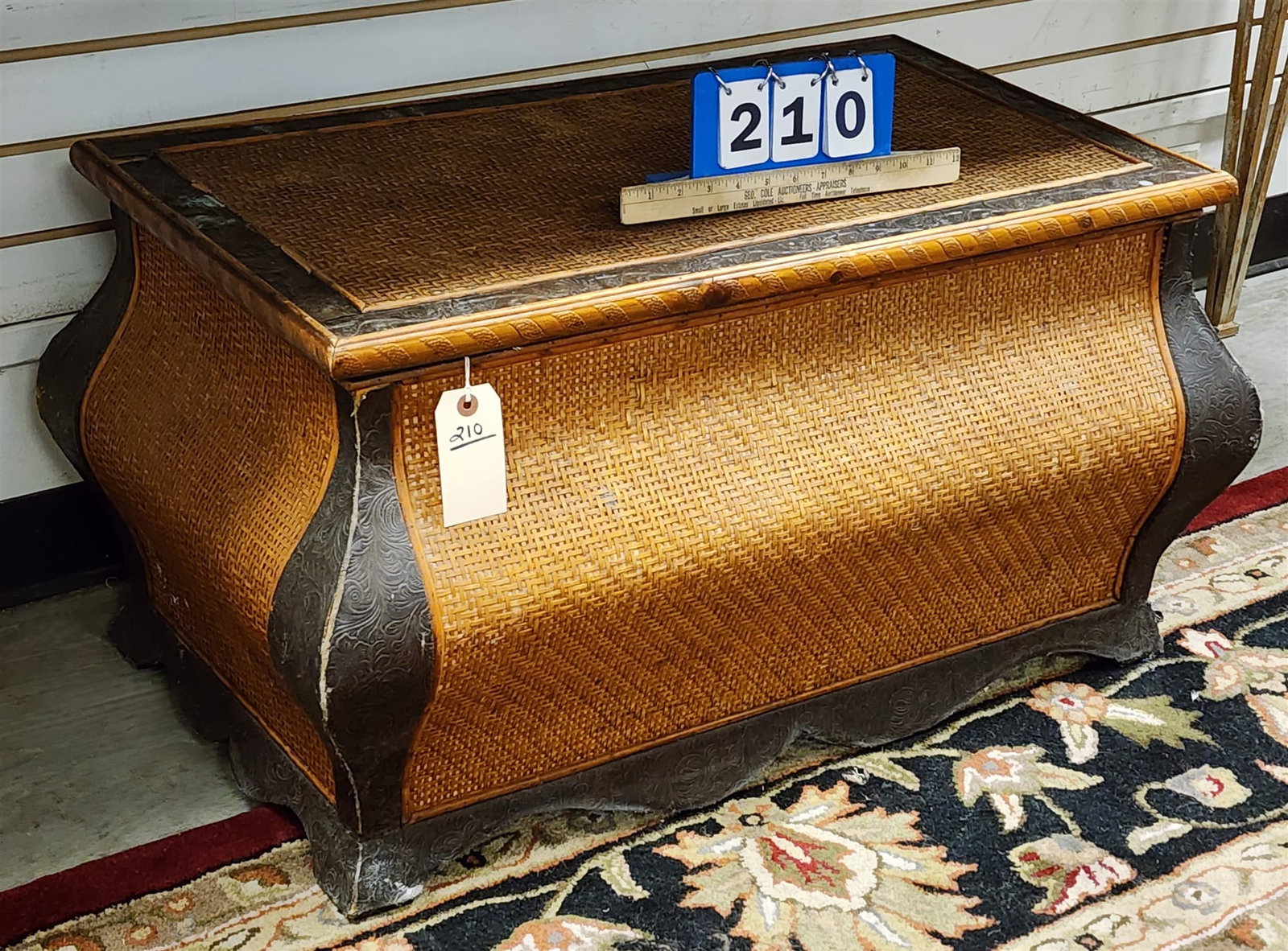 Rattan Trunk W/ Embossed Metal Trim 18 1/2"H X 35"W X 21"D: Rattan Trunk W/ Embossed Metal Trim 18 1/2"H X 35"W X 21"D