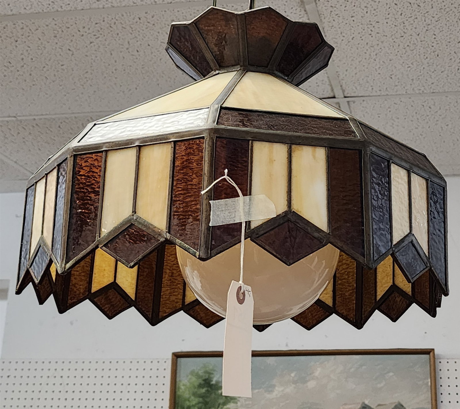 Leaded Slag Glass Hanging Dome 14" H X 19" Diam: Leaded Slag Glass Hanging Dome 14" H X 19" Diam
