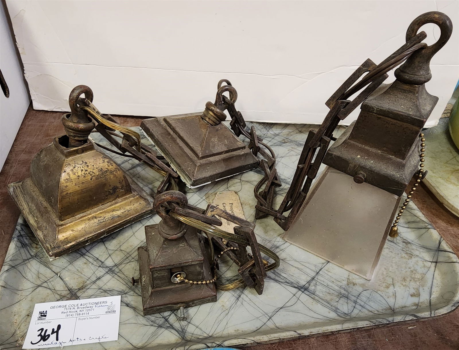 Tray Vintage Arts + Crafts Hanging Brass Fixtures - 1 Shade Missing 28" (1 of 2)