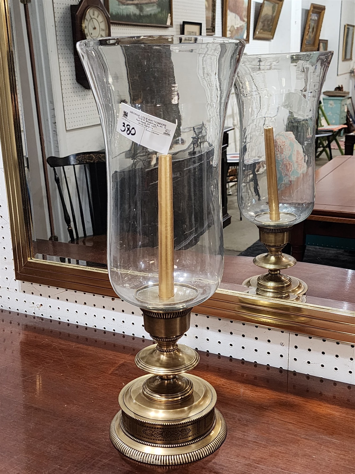 Brass Base Hurricane Shade Candlesticks 22": Brass Base Hurricane Shade Candlesticks 22"