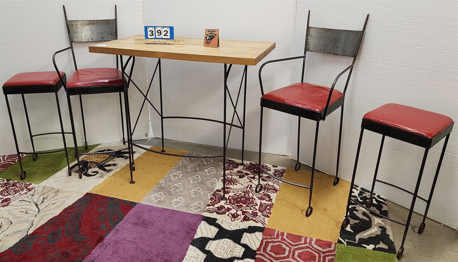 Mid Century Wrought Base Butcher Block Table 3'H XX 39 1/2"W X 24"D W/ Pr Stools + Pr Armchairs (1 of 3)