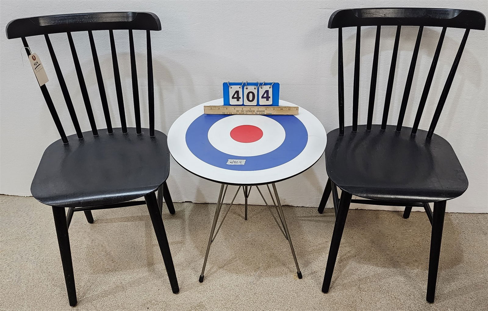 Pr Ebonized Side Chairs 33"H X 16"W X 14"D + Wrought BaseTarget Table 22"H X (1 of 3)