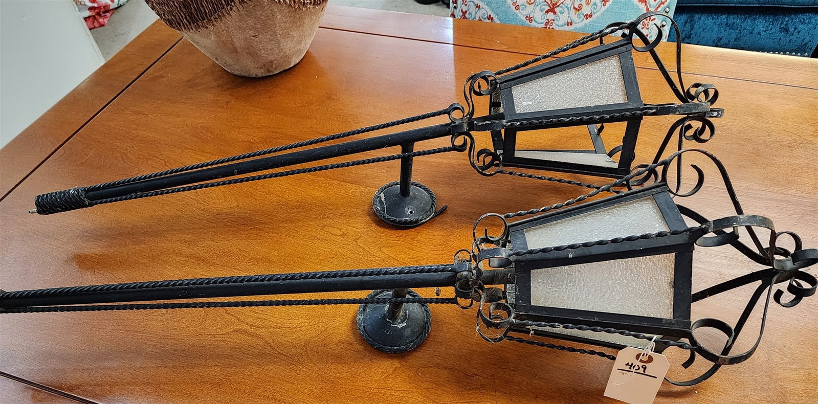 P Wrought Lantern Wall Sconces 37"- Missing 1 Glass Panel: P Wrought Lantern Wall Sconces 37"- Missing 1 Glass Panel