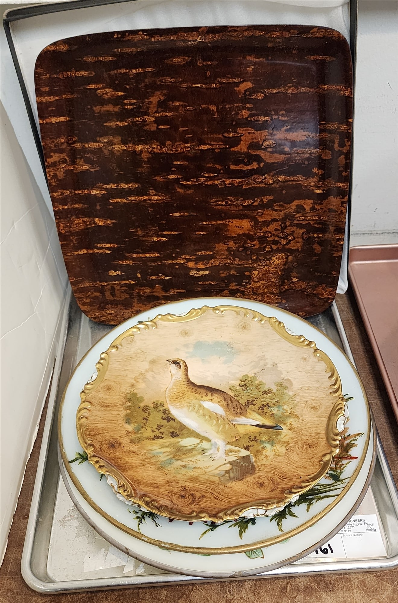 Tray Japanese Wooden Tray 12 1/2" Sq + 2 Enameled Milk Glass Chargers 12" Diam + Bavarian Game Plate: Tray Japanese Wooden Tray 12 1/2" Sq + 2 Enameled Milk Glass Chargers 12" Diam + Bavarian Game Plate 10" + Another