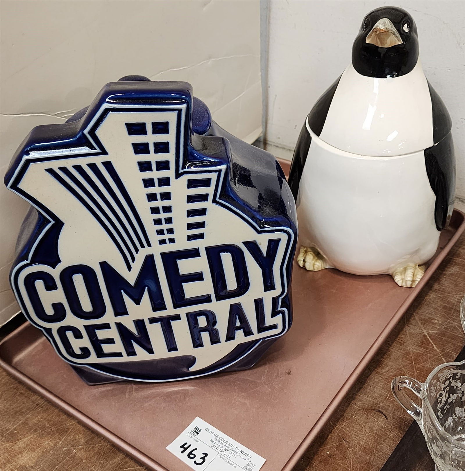 Tray 2 Cookie Jars Penguin 10 1/2" + Comedy Central 11"H X 9"W X 5 1/2"D (1 of 2)