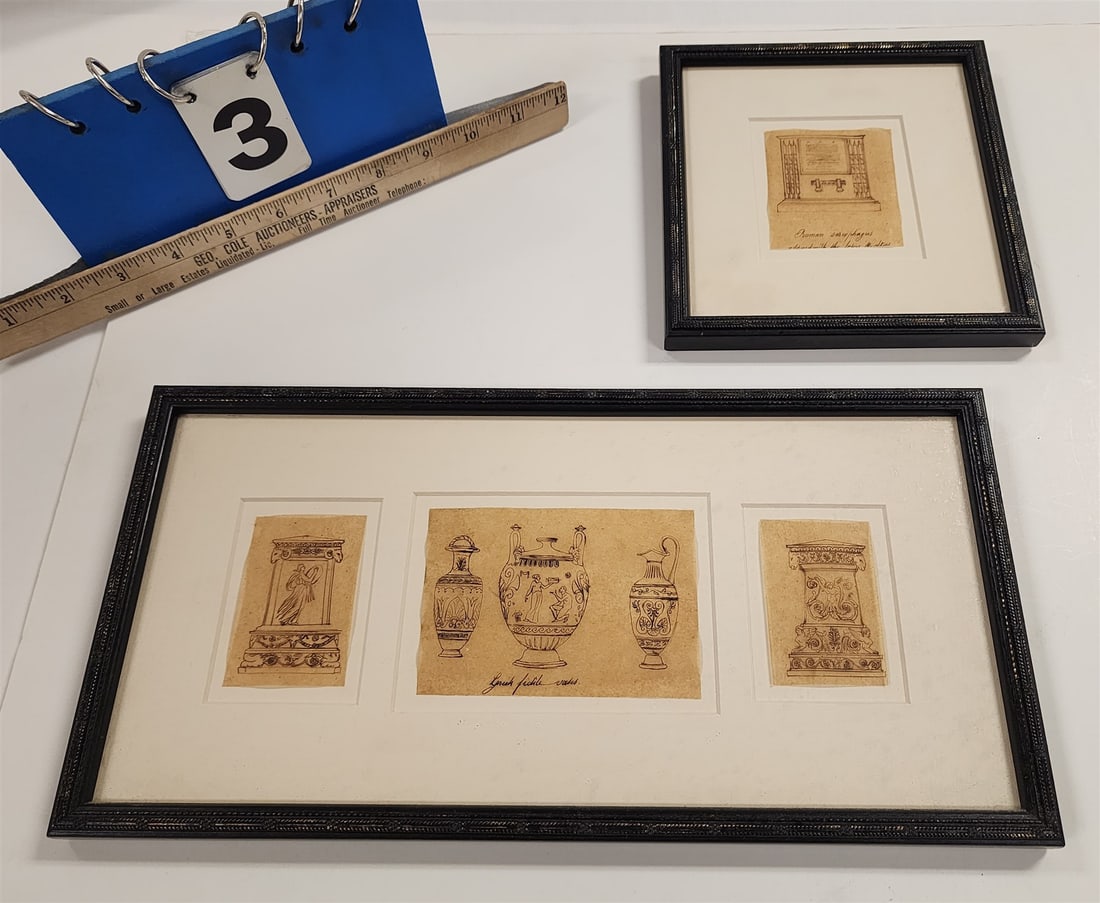 Tray 2 19th C Framed Items Pen + Ink On Parchment Paper 2 3/4" X 2 1/2" + Triptych 3" X 4 1/4" + Pr (1 of 4)