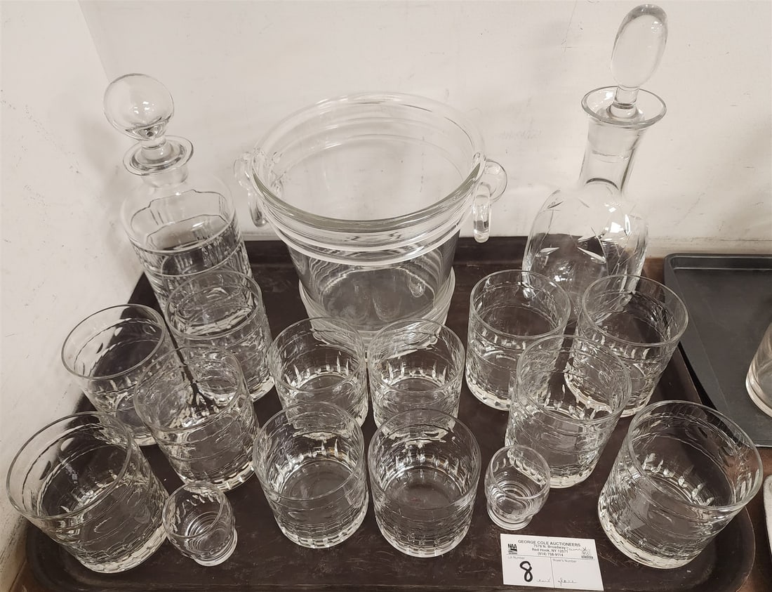 Tray Handblown Ice Bucket, 2 Cut Glass Decanters, 14 Glasses (1 of 1)