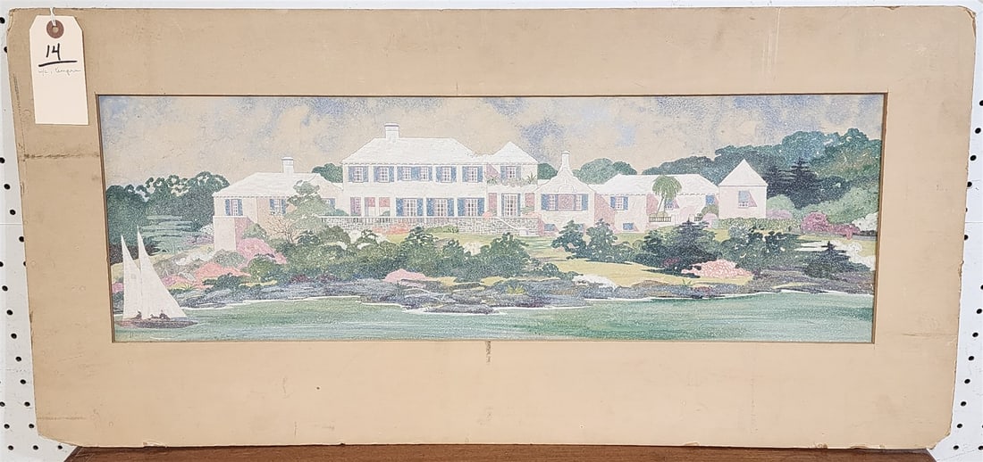 Unframed W/C, Tempra Landscape W/ House 9"H X 28"W: Unframed W/C, Tempra Landscape W/ House 9"H X 28"W