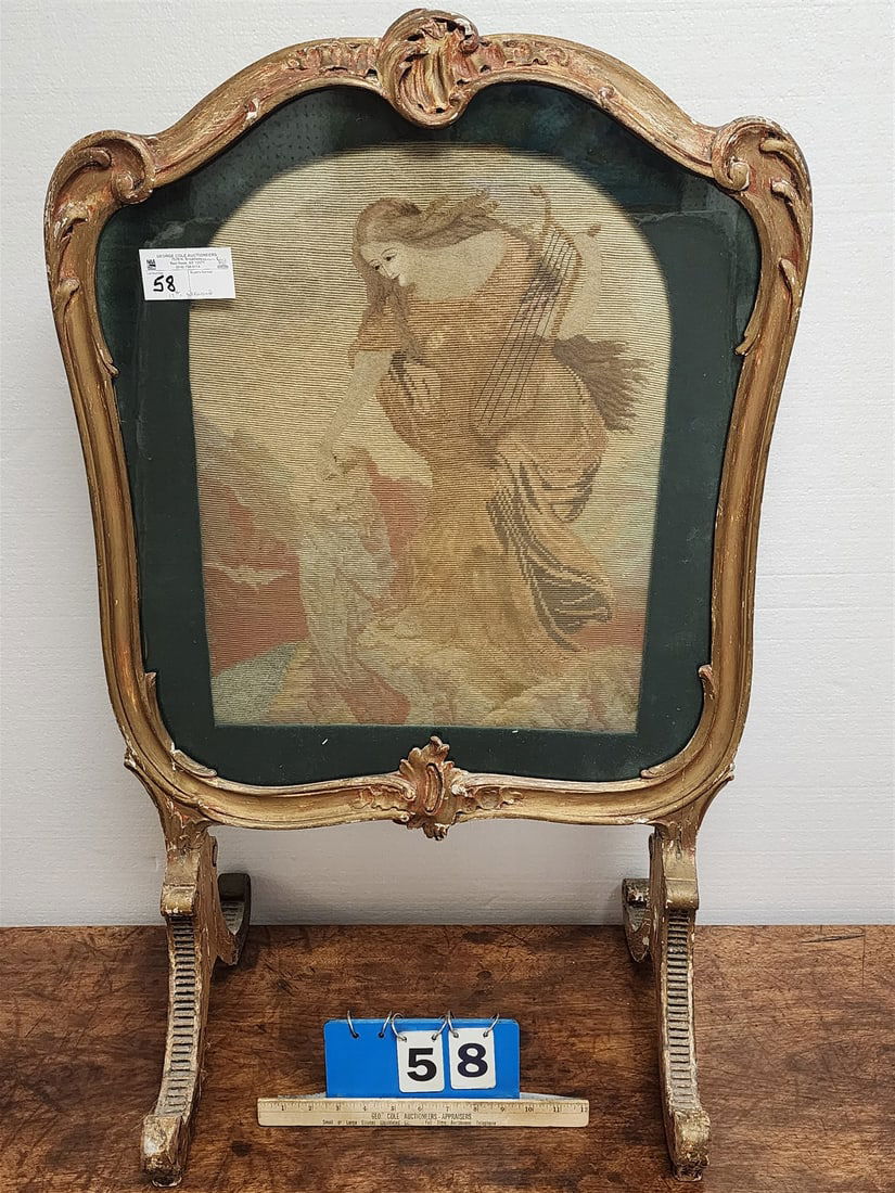 19th C Giltwood  Firescreen W/ Tapestry Panel  37"H X 23"W X 15"D (1 of 2)
