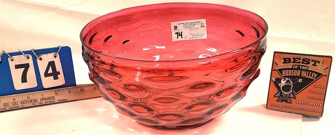 19th C Hand Blown Thousand Eye Cranberry Bowl 6"H X 12" Diam (1 of 2)