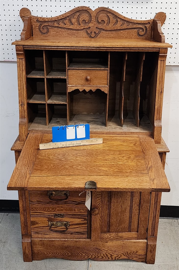 Oak Slant Front Desk 53"H X 30 1/2"W X 16"D: Oak Slant Front Desk 53"H X 30 1/2"W X 16"D