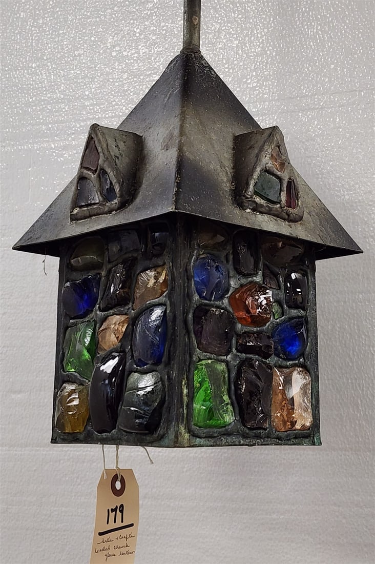 Arts and Crafts Wrought Lantern W/ Leaded Chunk Glass 30"H X 7" Sq: Arts and Crafts Wrought Lantern W/ Leaded Chunk Glass 30"H X 7" Sq