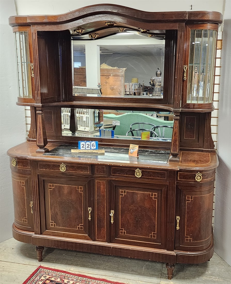 Inlaaid Mahog Marble Top Sideboard 86 1/2"H X 77"W X 22 1/2"D: Inlaaid Mahog Marble Top Sideboard 86 1/2"H X 77"W X 22 1/2"D