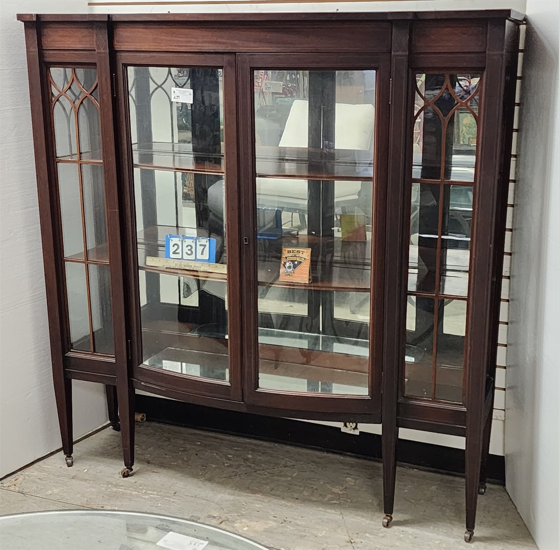 Mahog Curved Glass China Cabinet W/ Band Inlay 5'H X 58 1/2"W X 16"D: Mahog Curved Glass China Cabinet W/ Band Inlay 5'H X 58 1/2"W X 16"D
