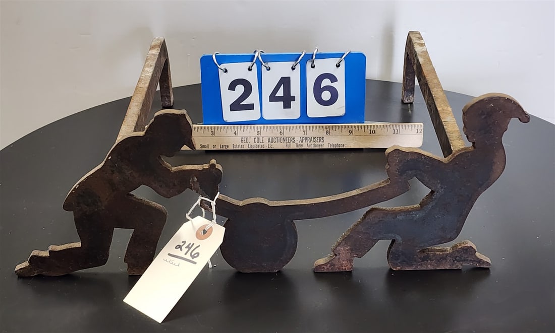 Steel Lumberjacks Sawing A Log Andirons 6 1/4"H X 16"W X 16 1/2"D (1 of 2)