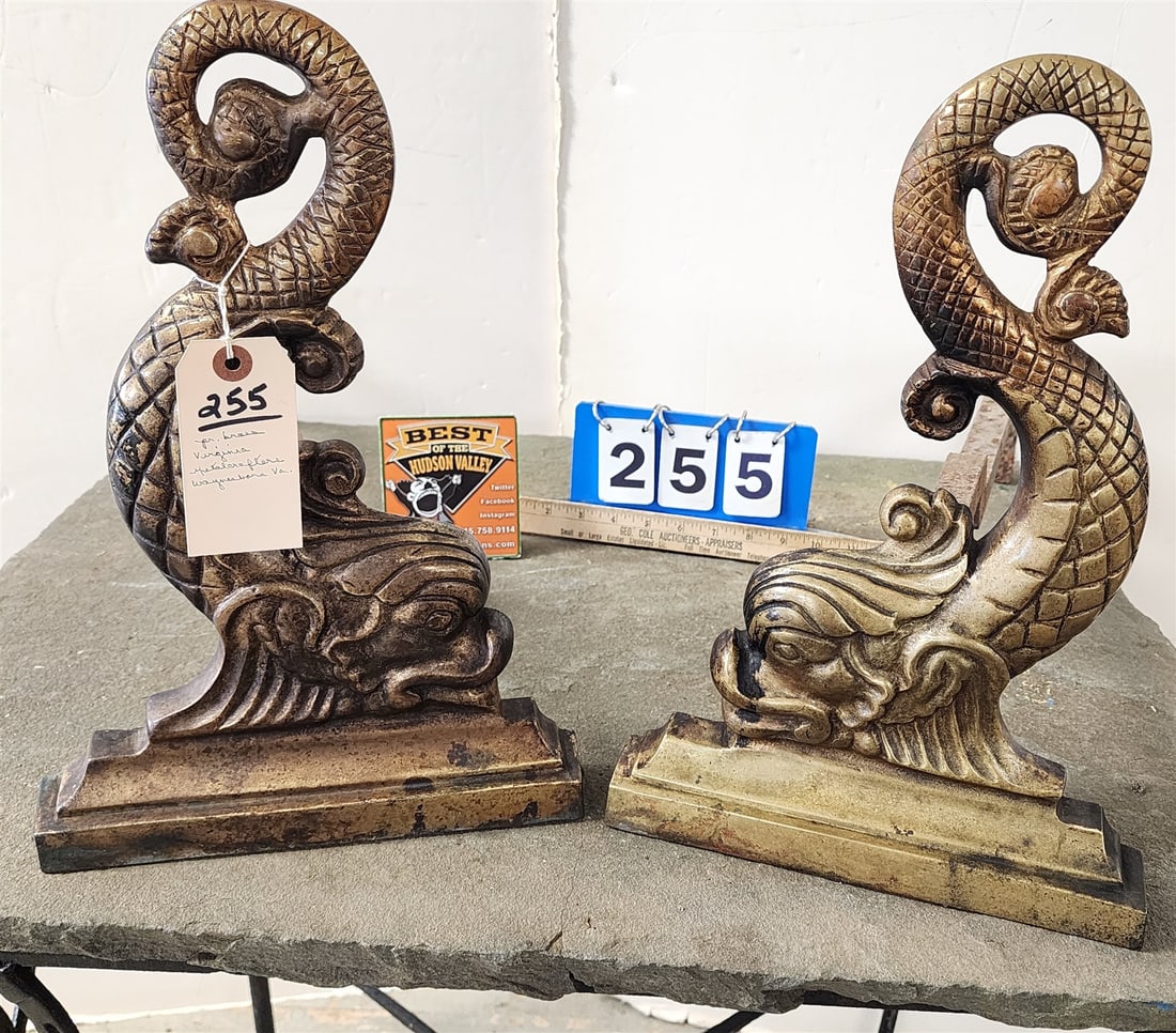 Pr Brass Dolphin Andirons Virginia Metal Crafters Waynesboro Va 15"H X 10"W (1 of 2)