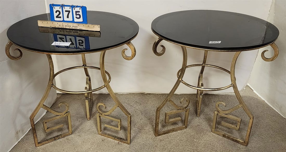 Pr Gilt Wrought Base Glass Top End Stands 24 1/2"H X 24" Diam (1 of 5)
