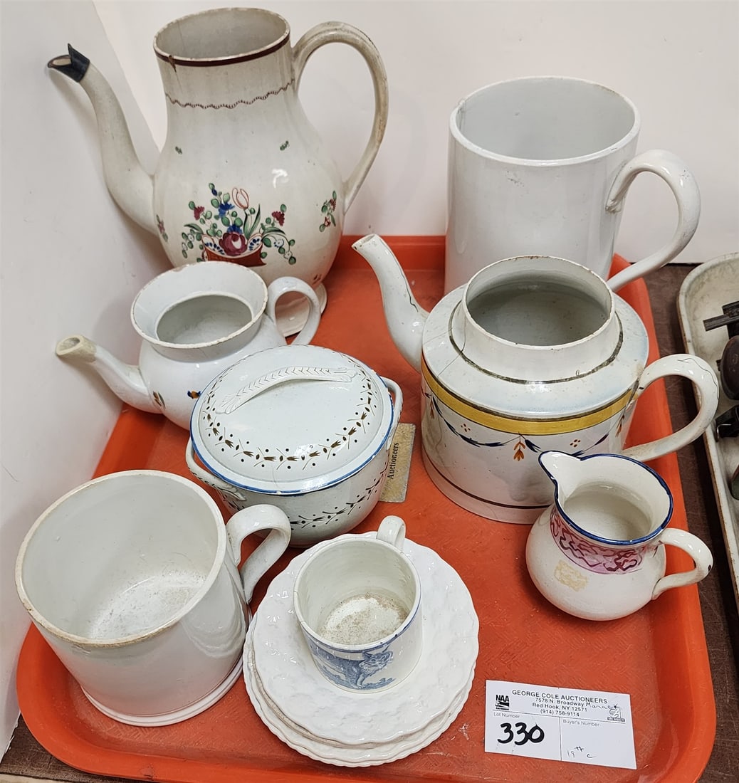 Tray 19th C Creamware Tea Pots, Covered Sugar Etc (1 of 1)