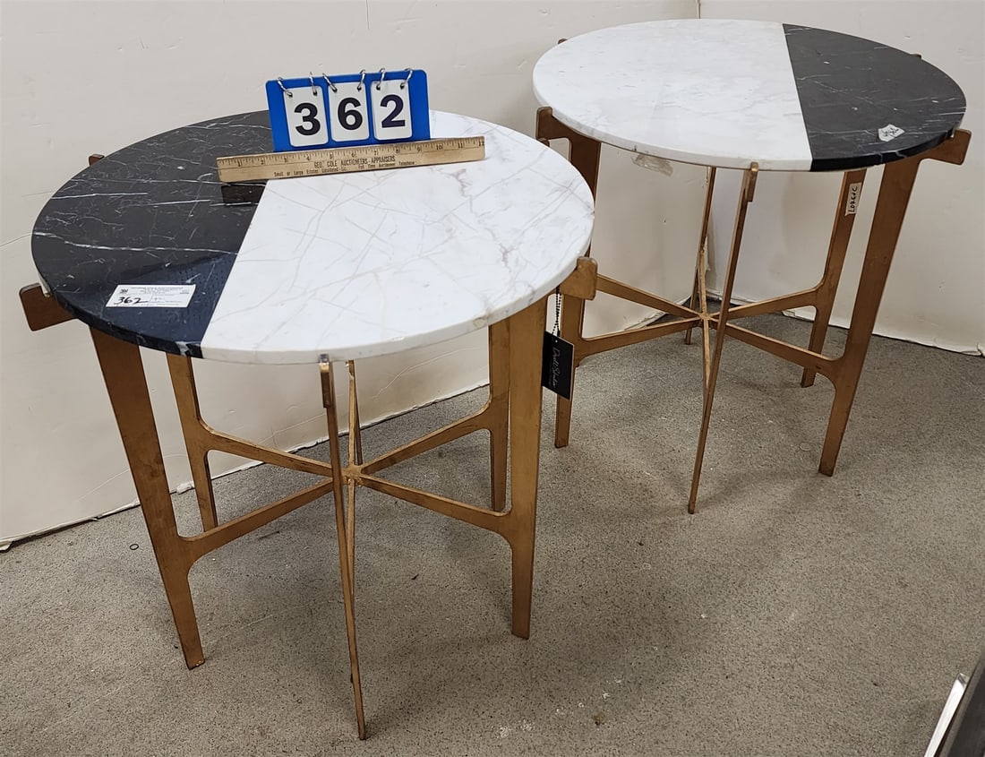 Pr Gilt Steel Base Marble Top Tables By Dwell Studios "Maxwell Side Tables" 24"H X 25" Diam (1 of 4)