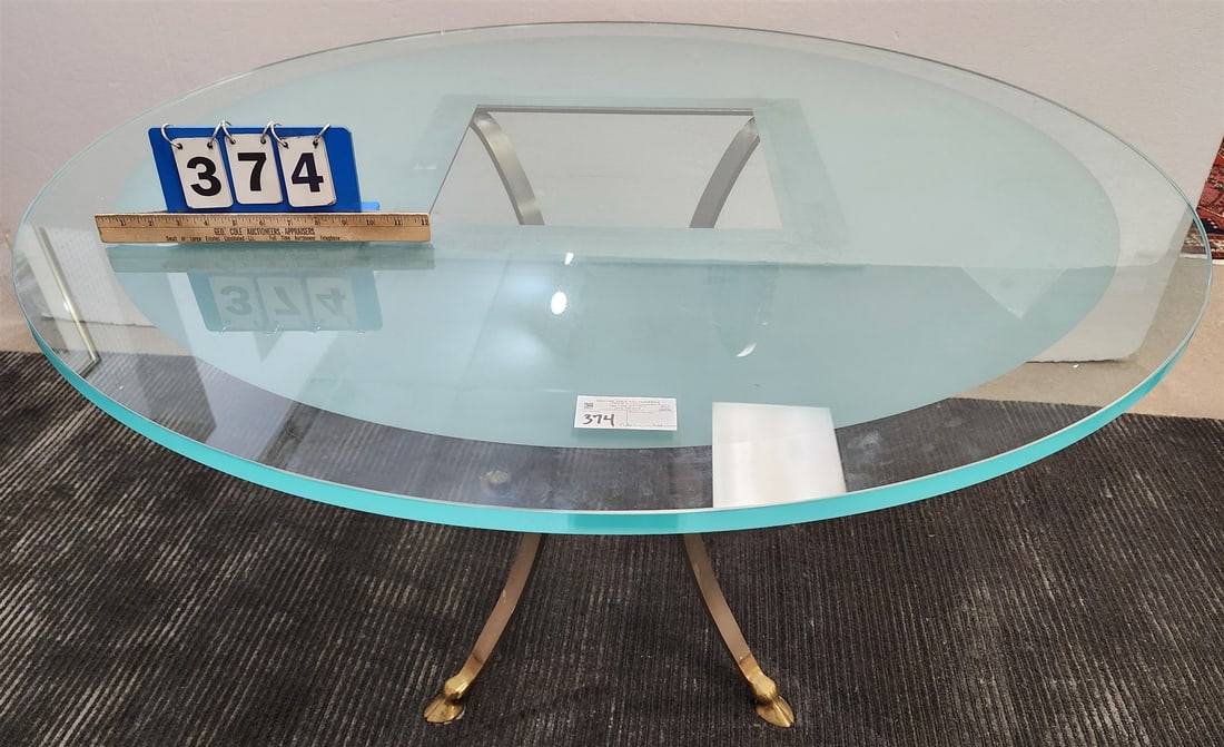 Modern Steel + Brass Base Glass Top Table 28"H X 4' Diam W/ 4 Uphols Parson's Chairs (1 of 4)