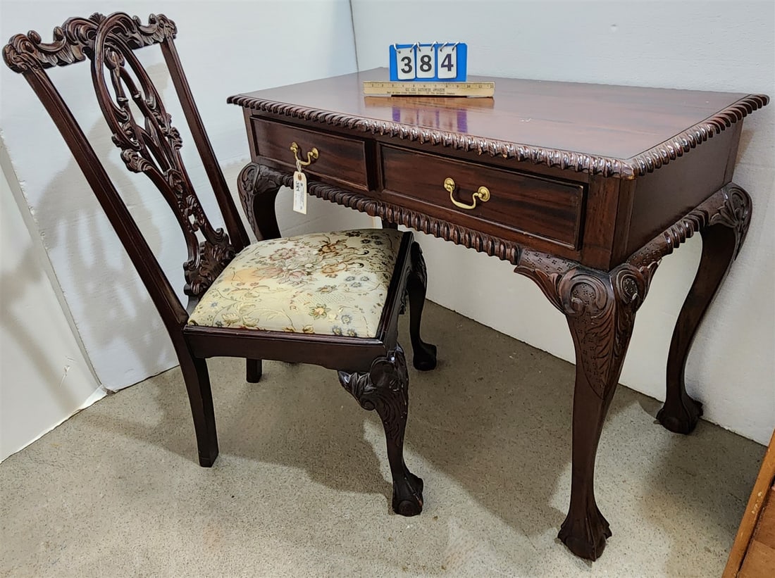 Mahog Chippendale Style 2 Drawer Desk 32"H X 41 1/2"W X 21 1/2"D W/ Chair: Mahog Chippendale Style 2 Drawer Desk 32"H X 41 1/2"W X 21 1/2"D W/ Chair