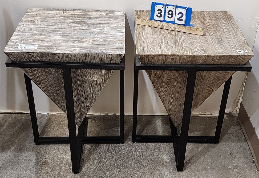 Pr Bertrand Accent Tables- Metal Bass Wooden Insert 25 1/2"H X 18" Sq: Pr Bertrand Accent Tables- Metal Bass Wooden Insert 25 1/2"H X 18" Sq