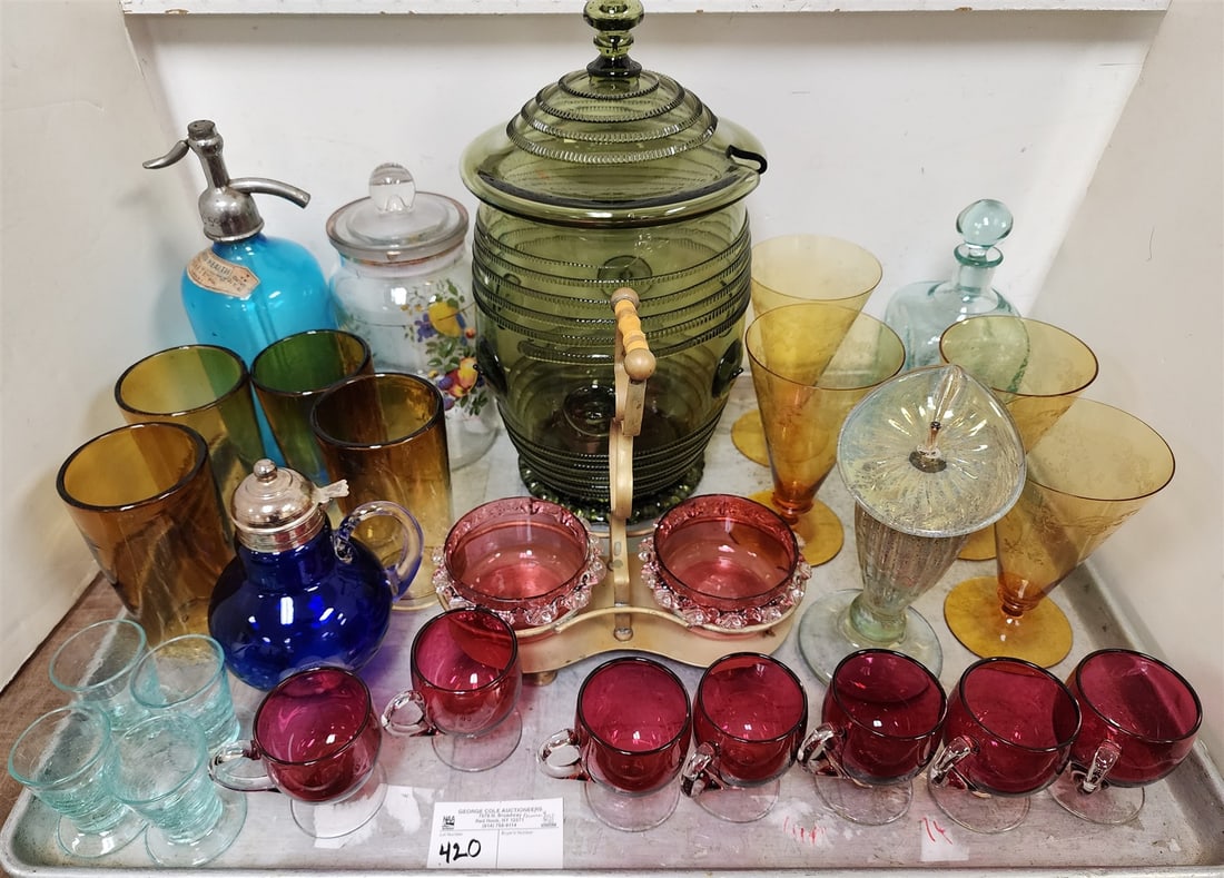 Tray Hand Blown Covered Punch Vessel 15", Glasses, Art Glass Oil Lamp 7 3/4" + Seltzer Bottle, (1 of 2)