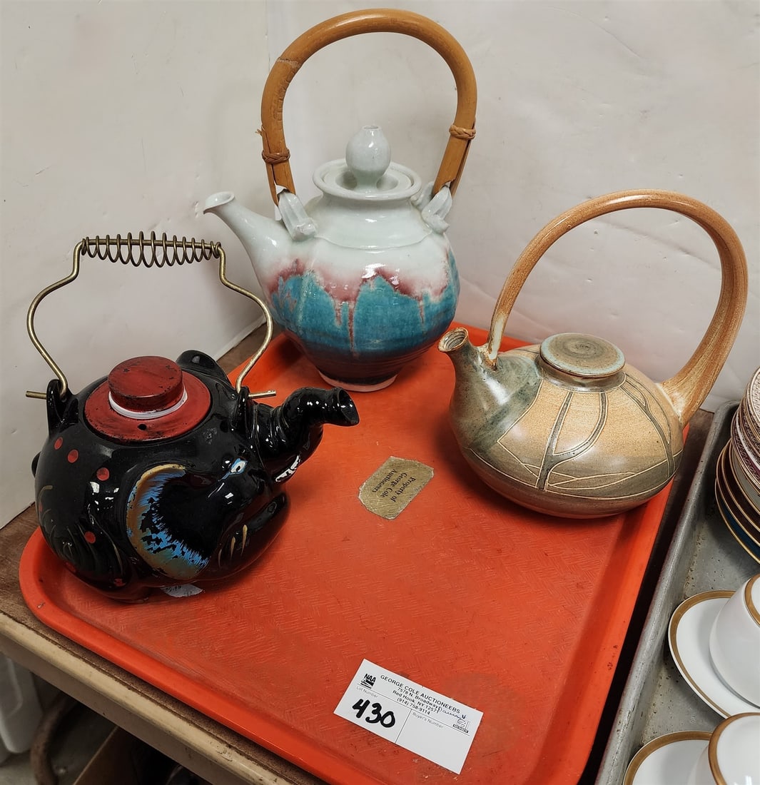 Tray 3 Glazed Pottery Tea Pots (1 of 3)