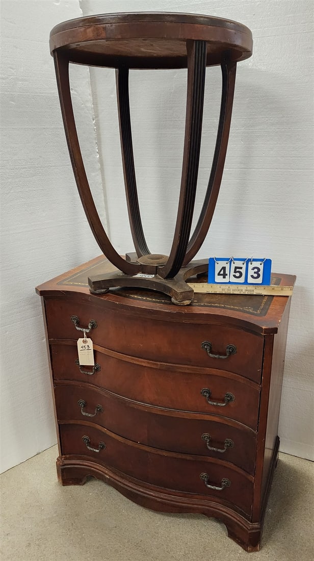 Mahog Leather Top 4 Drawer Chest + Deco Table 26 1/2"H X 20" Diam (1 of 2)