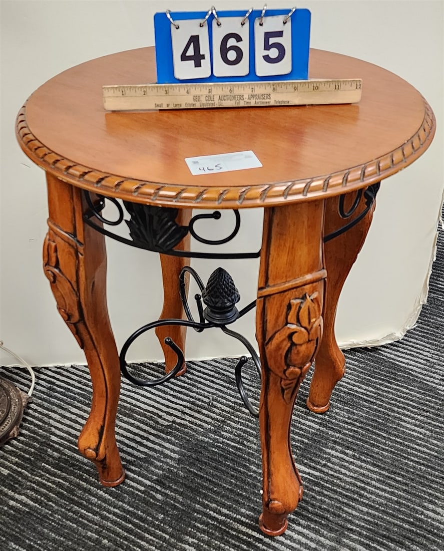 Mahog Side Table W/ Wrought Ornament 24 1/2"H X 20" Diam: Mahog Side Table W/ Wrought Ornament 24 1/2"H X 20" Diam