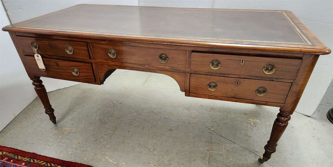 English 19th C Leather Top Mahogany 4 Drawer Partner's Desk 33"H X 73"W X 35"D (1 of 7)