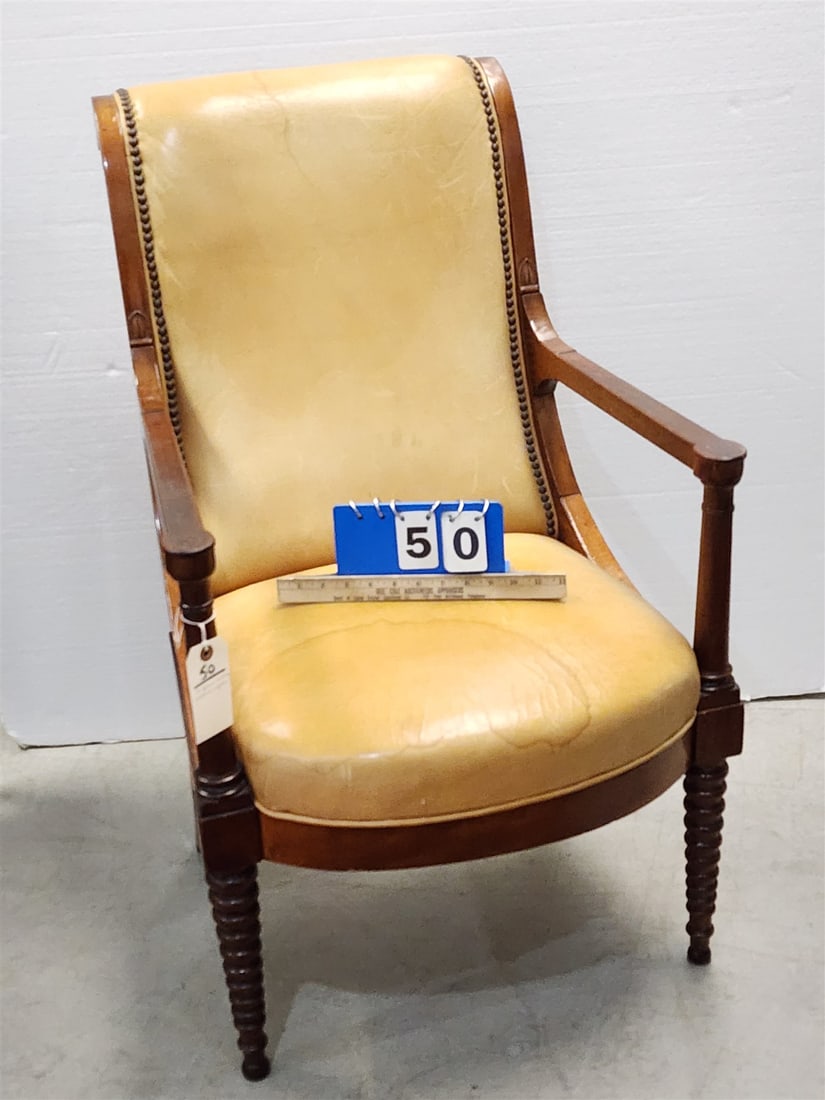 Empire Mahogany Leather Upholstered Armchair (fauteuil) 36 1/2"H X 23"W X 17"D: Empire Mahogany Leather Upholstered Armchair (fauteuil) 36 1/2"H X 23"W X 17"D