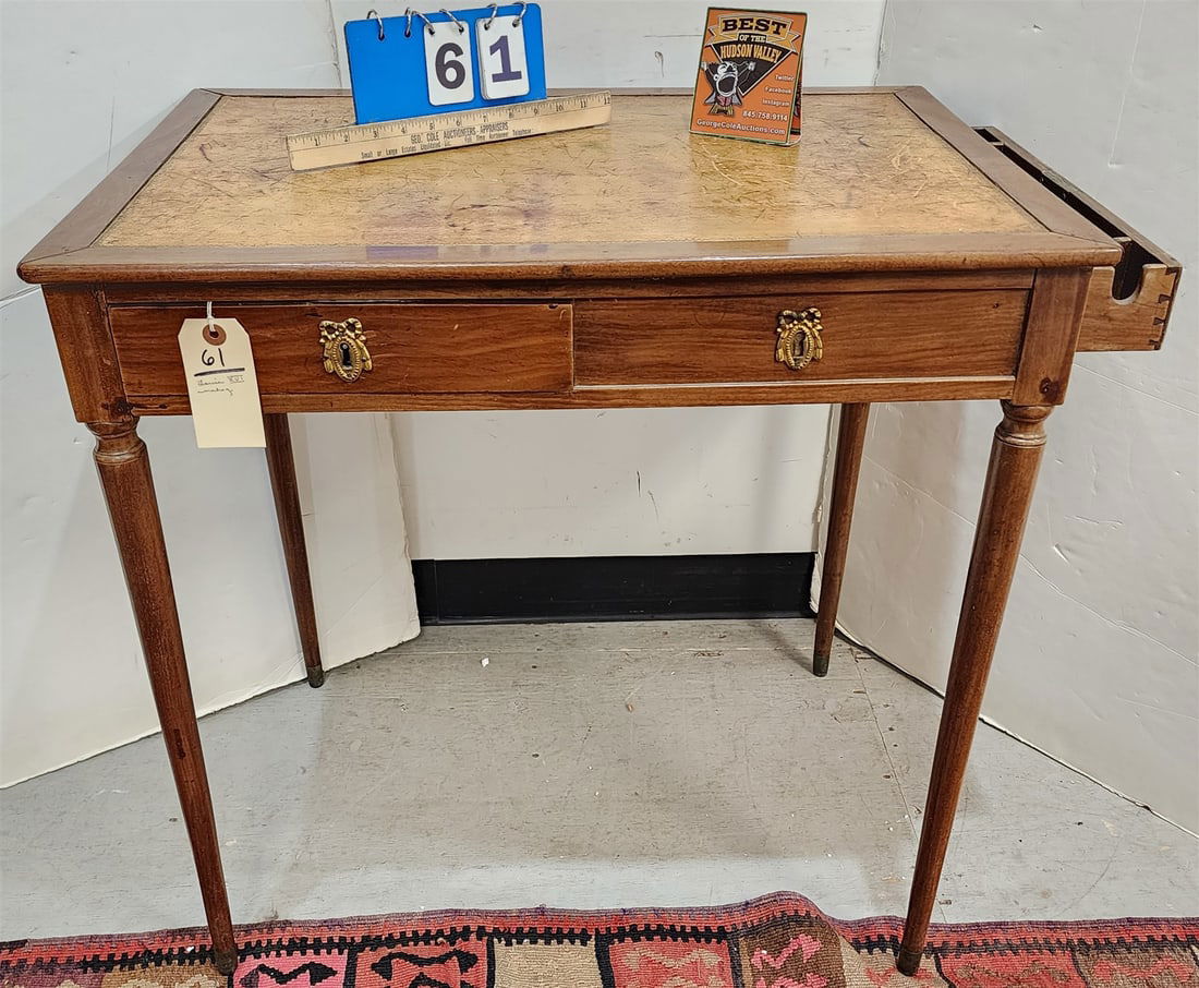Louis XVI Mahogany 2 Drawer Leather Top Table 28 1/2"H X 29"W X 20 1/2"D (1 of 2)
