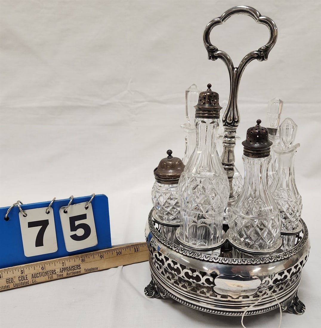 Silverplate Cruet Set w/ Cut Glass Cruets 13 1/2"H X 8" Diam (1 of 2)