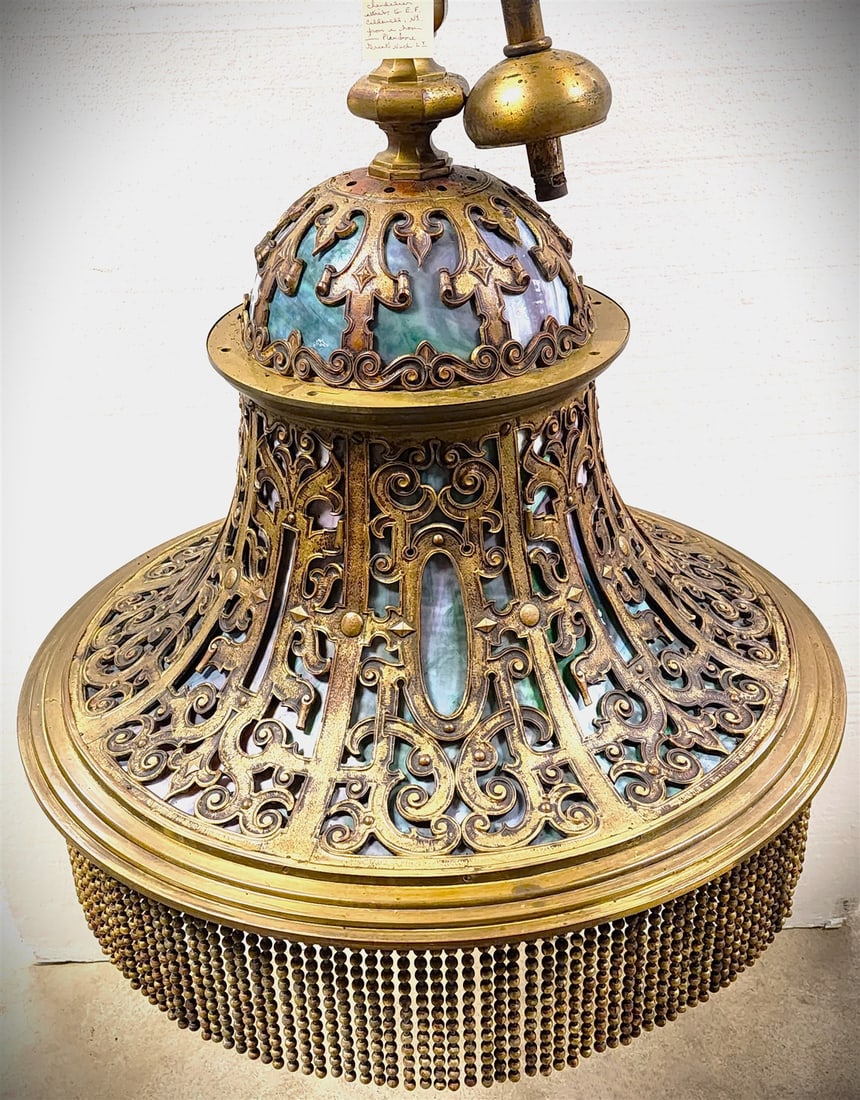 American Neo Renaissance Gilt Bronze + Slag Glass Dome Chandelier attributed To E.F. Caldwell, NY (1 of 9)