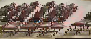 Set 12 19th C Carved Oak Dining Chairs, Leather Upholstered 2 Arm 53 1/2"H X 24"W X 20"D + 10 Side