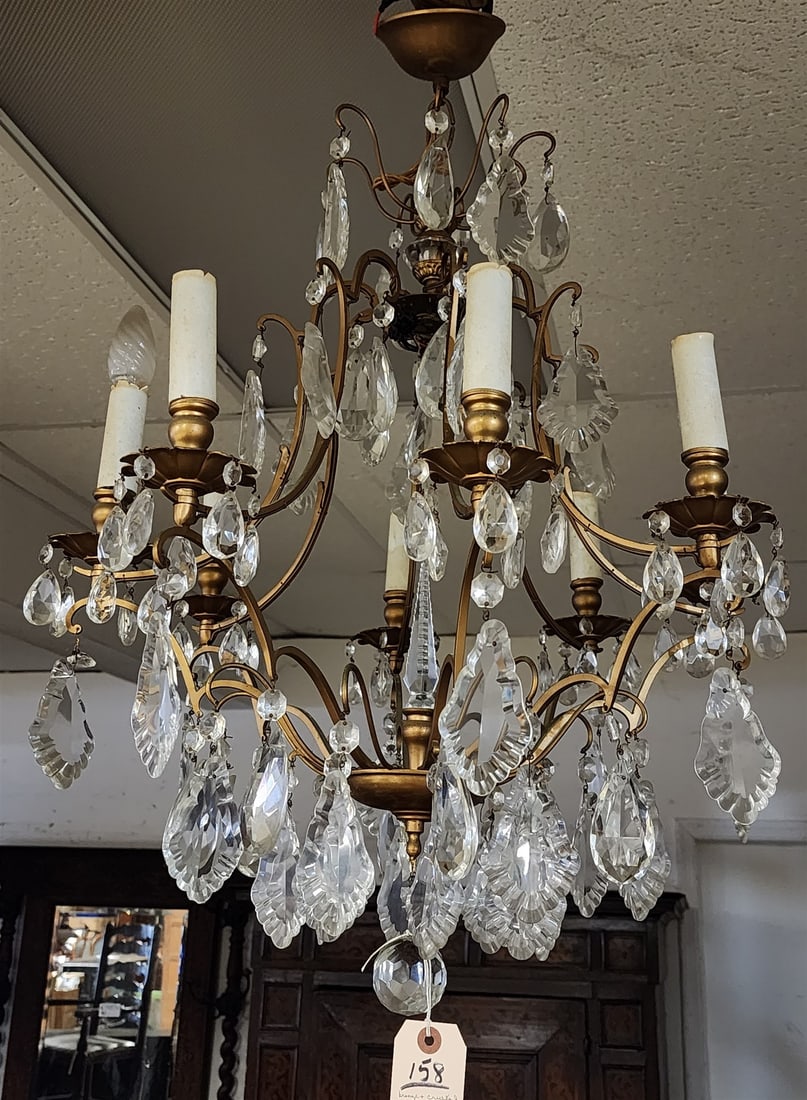 Bronze And Crystal + Arm Chandelier 27"H X 22" Diam: Bronze And Crystal + Arm Chandelier 27"H X 22" Diam