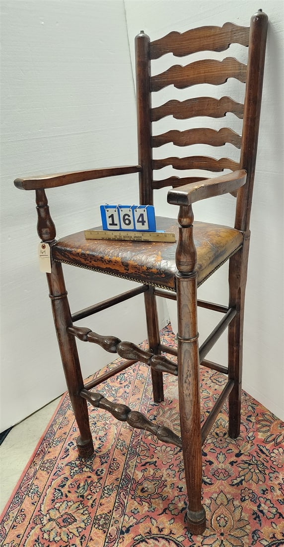 19th C Schoolmaster's Arm Chair w/ Leather Seat 61"H X 25 1/4"W X 17"D (1 of 2)