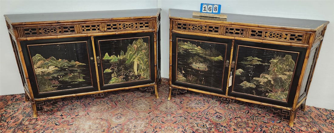 Pair 20th C Regency Style Black Lacquer + Faux Bamboo 2 Door Cabinets 33 1/2"H X 54 1/2"W X 12 1/2"D (1 of 6)