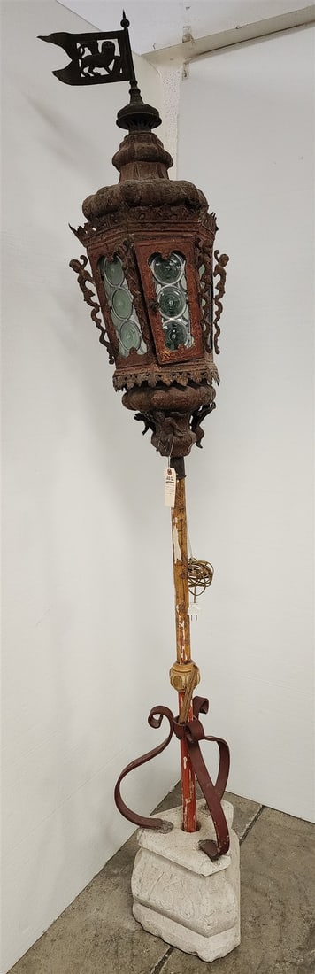 19th C Venetian embossed Metal + Cast Iron Lantern w/ Leaded Bullseye Glass Panels On A Gessoed Wood (1 of 4)