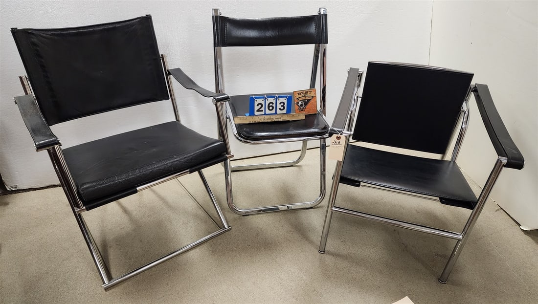 Lot 3 Chrome Frame Leather Upholstered Chairs Armchair, Rocker + Folding By Kardiel Basculant (1 of 8)