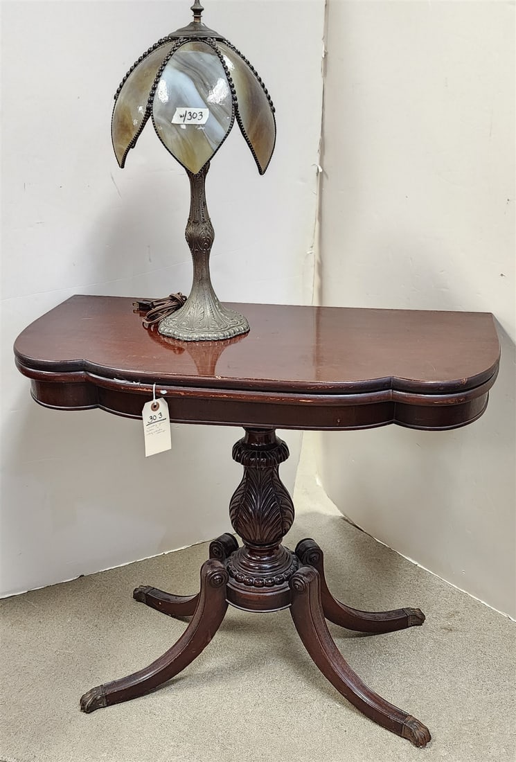 Mahogany Duncan Phyfe Style Game Table 30"H X 34" W X 17"D w/Slag Glass Table Lamp 22": Mahogany Duncan Phyfe Style Game Table 30"H X 34" W X 17"D w/Slag Glass Table Lamp 22"