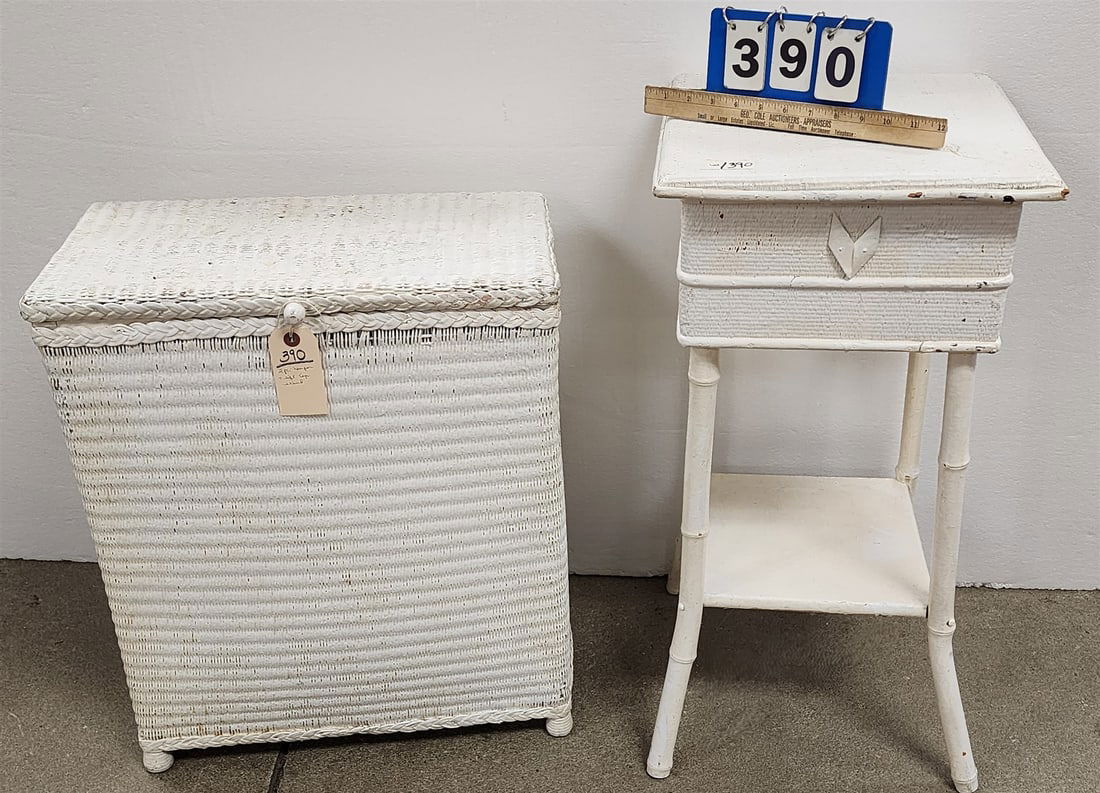 Painted Wicker Hamper 25"H X 20 1/2"W X 10 1/2"D + Lift Tap Stand 30"H X 14 1/2" Sq. (1 of 2)