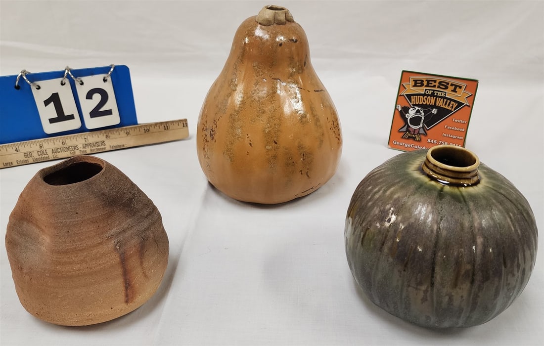 Tray Pottery Vessels Sgnd Gourd 8", Pumpkin Form Sgnd O. Grinberg 5" + Sgnd Freeform 4 1/2" (1 of 3)